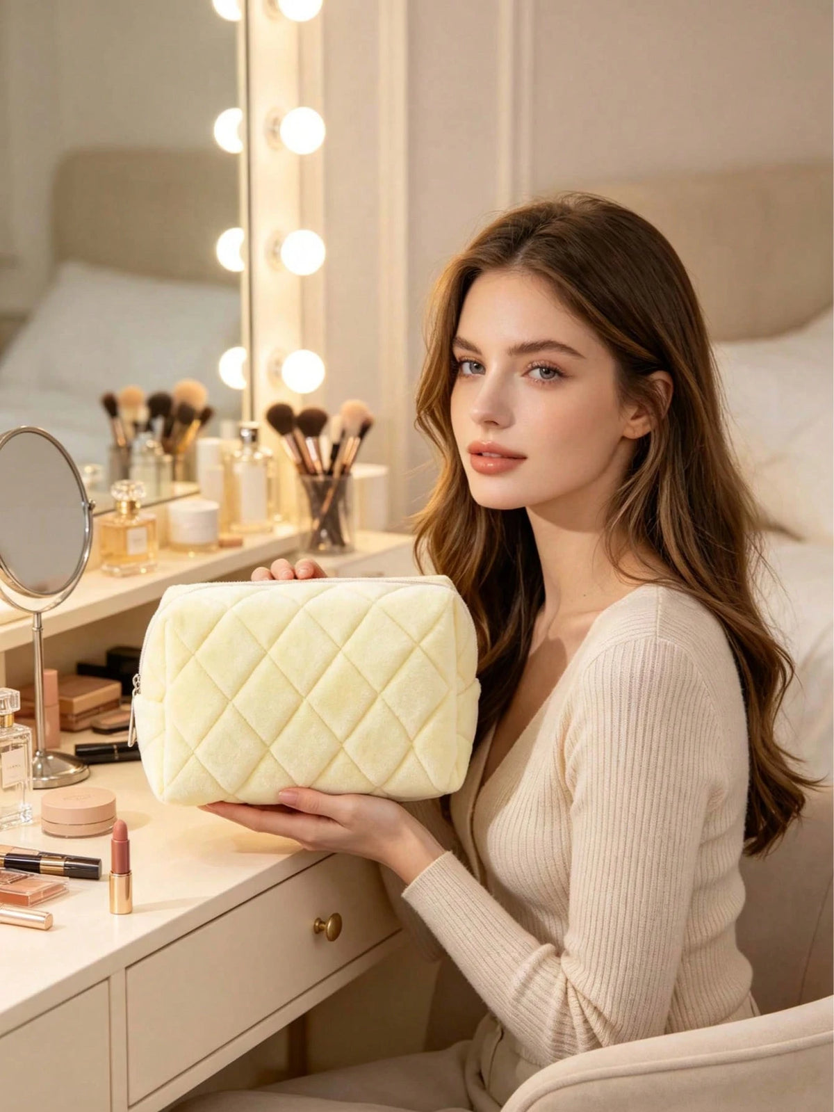 1pc Large Capacity Polyester Fabric Soft Quilted Cloud Rhombus Cosmetic Storage Bag, Pencil Case For Students, Eyebrow Pencil, Eyeshadow Palette, Makeup Brush Storage, Travel, Home, All-Season, Unisex