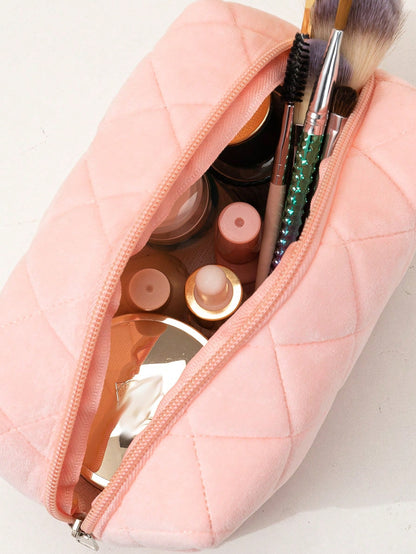 1pc Large Capacity Polyester Fabric Soft Quilted Cloud Rhombus Cosmetic Storage Bag, Pencil Case For Students, Eyebrow Pencil, Eyeshadow Palette, Makeup Brush Storage, Travel, Home, All-Season, Unisex