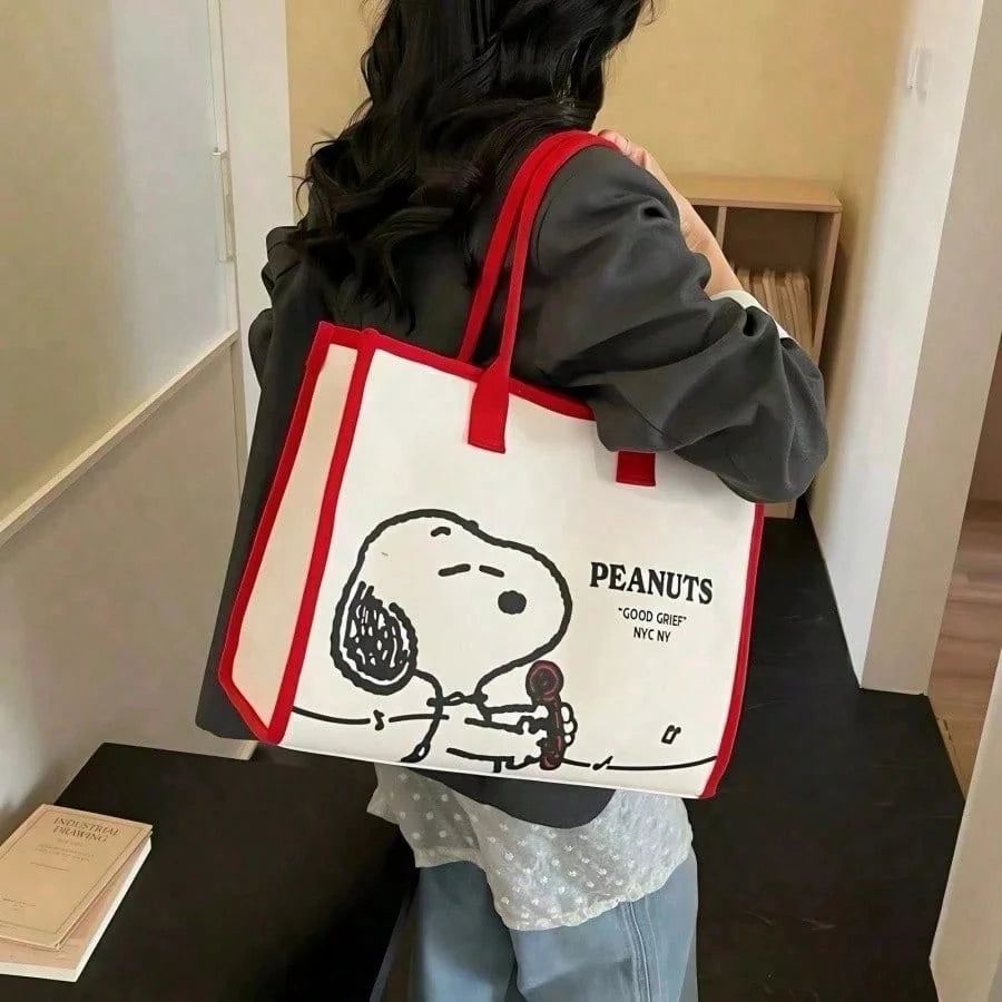 1pc Large Capacity Snoopy Color Block Canvas Shoulder Tote Bag, Casual Style, Durable Strap And Sturdy Fabric, Foldable Lightweight Handbag Suitable For Women, Perfect For School, Work, Gym, Beach And