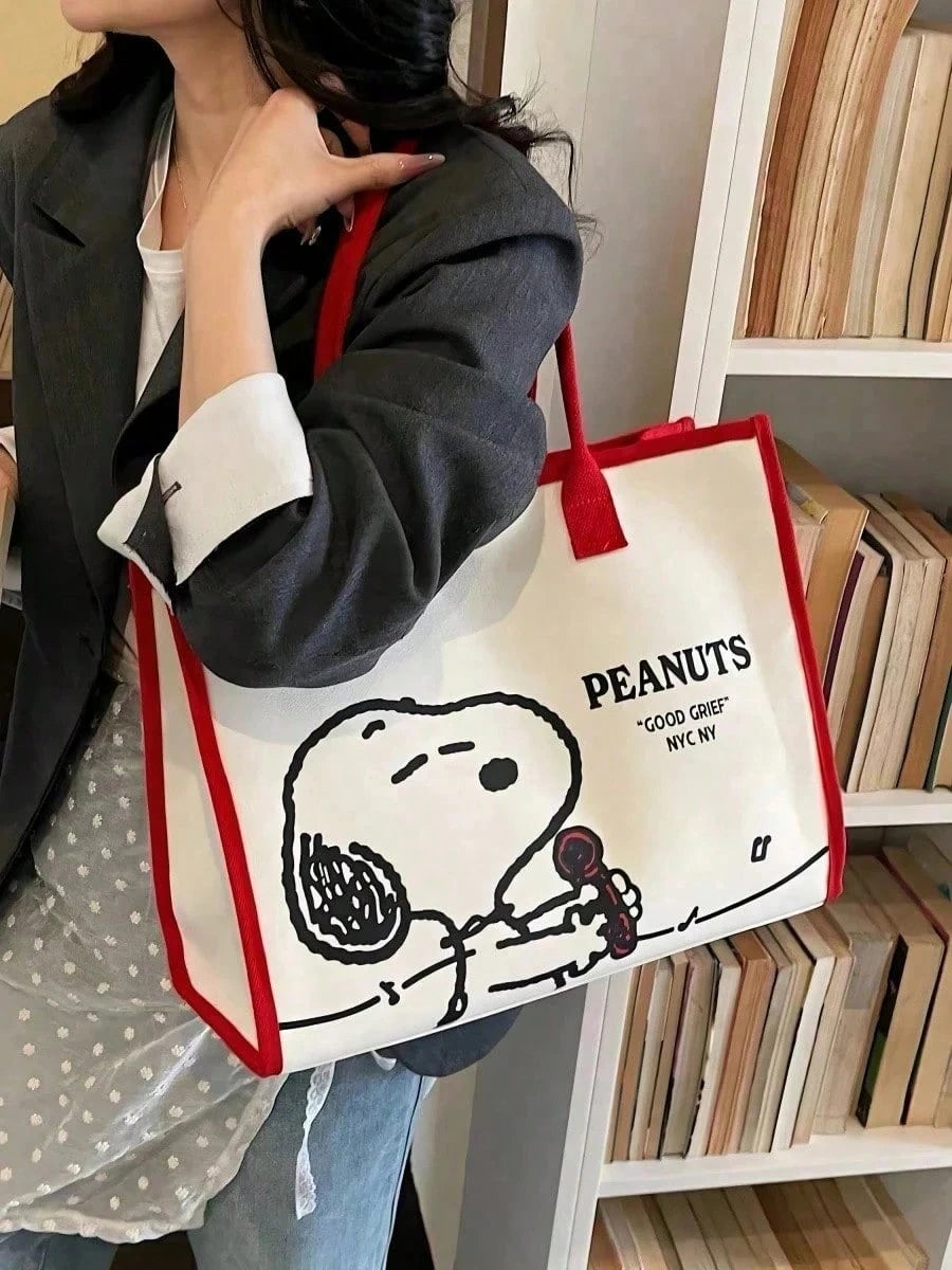 1pc Large Capacity Snoopy Color Block Canvas Shoulder Tote Bag, Casual Style, Durable Strap And Sturdy Fabric, Foldable Lightweight Handbag Suitable For Women, Perfect For School, Work, Gym, Beach And