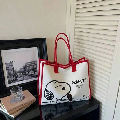 1pc Large Capacity Snoopy Color Block Canvas Shoulder Tote Bag, Casual Style, Durable Strap And Sturdy Fabric, Foldable Lightweight Handbag Suitable For Women, Perfect For School, Work, Gym, Beach And