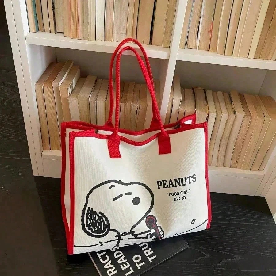 1pc Large Capacity Snoopy Color Block Canvas Shoulder Tote Bag, Casual Style, Durable Strap And Sturdy Fabric, Foldable Lightweight Handbag Suitable For Women, Perfect For School, Work, Gym, Beach And