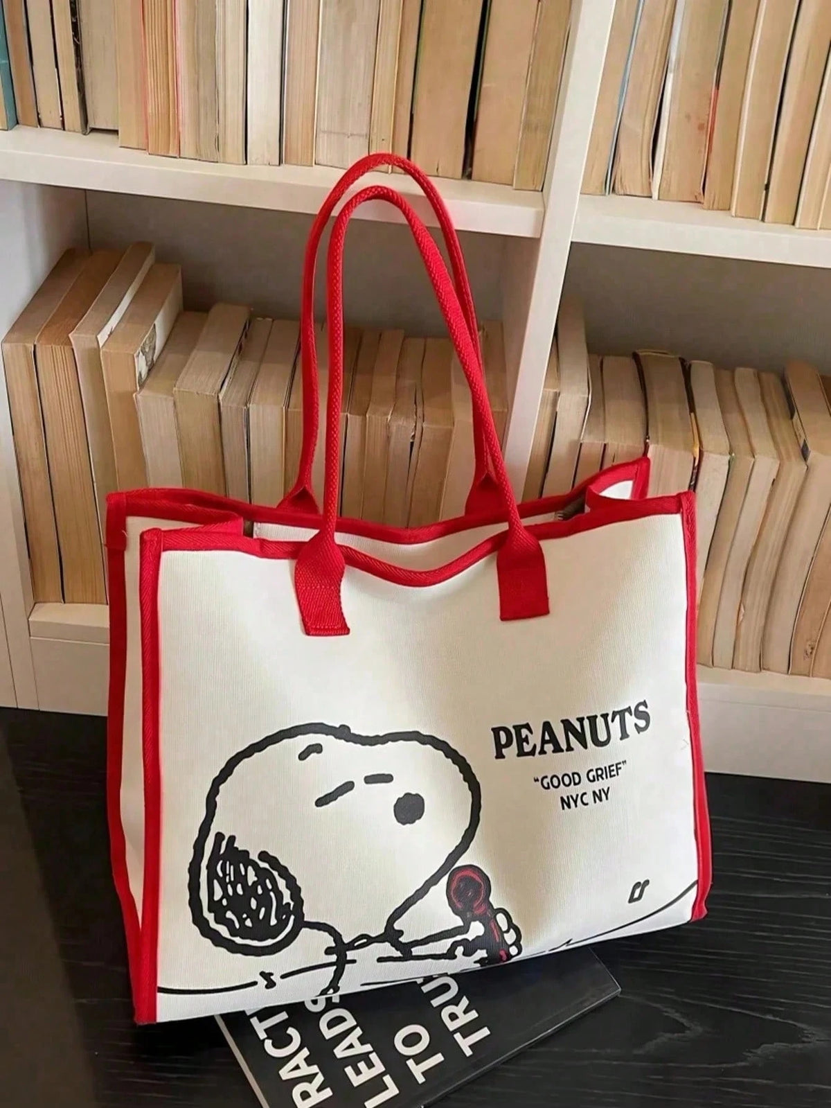 1pc Large Capacity Snoopy Color Block Canvas Shoulder Tote Bag, Casual Style, Durable Strap And Sturdy Fabric, Foldable Lightweight Handbag Suitable For Women, Perfect For School, Work, Gym, Beach And