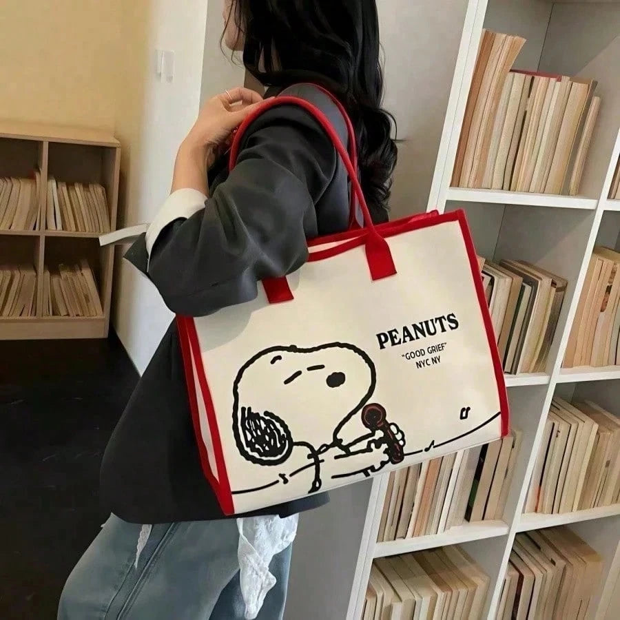 1pc Large Capacity Snoopy Color Block Canvas Shoulder Tote Bag, Casual Style, Durable Strap And Sturdy Fabric, Foldable Lightweight Handbag Suitable For Women, Perfect For School, Work, Gym, Beach And