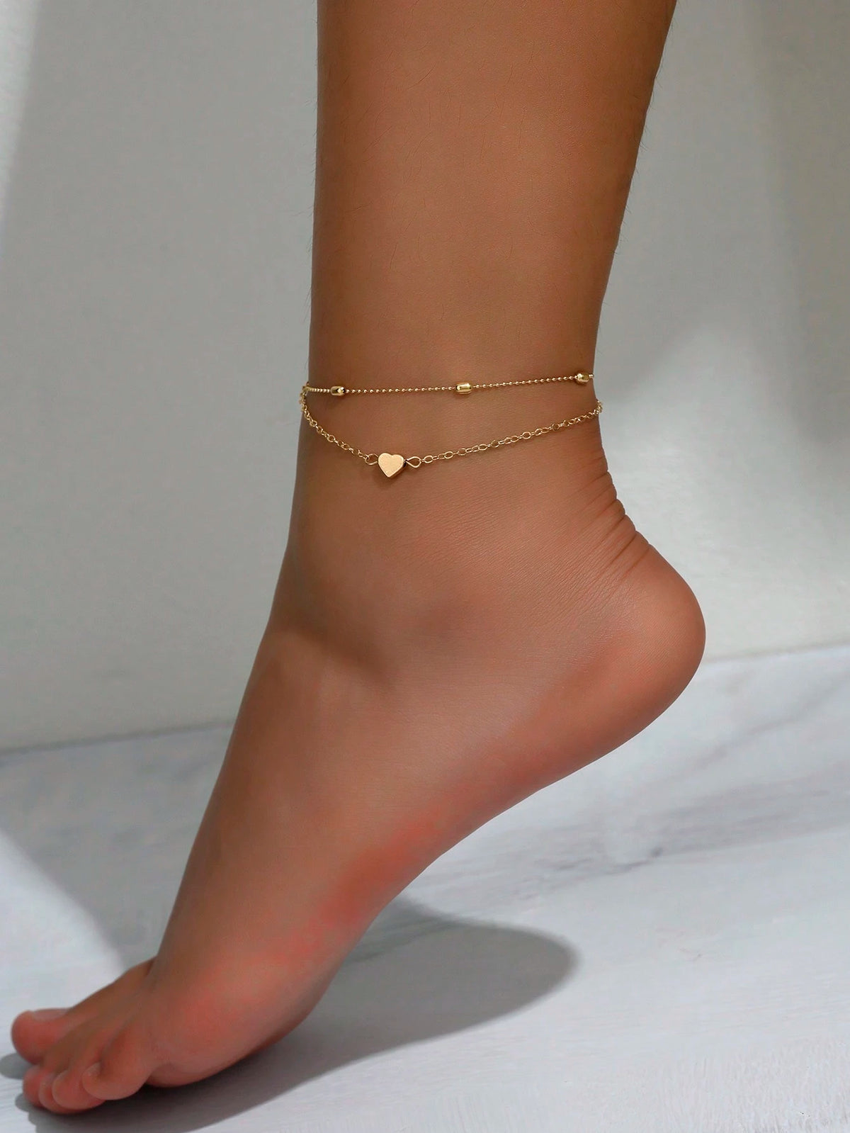 1pc Layered Minimalist Heart Chain Anklet (Handmade Chain Cut To Size, Adjustable Pearl Number And Crystal Size)