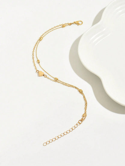 1pc Layered Minimalist Heart Chain Anklet (Handmade Chain Cut To Size, Adjustable Pearl Number And Crystal Size)
