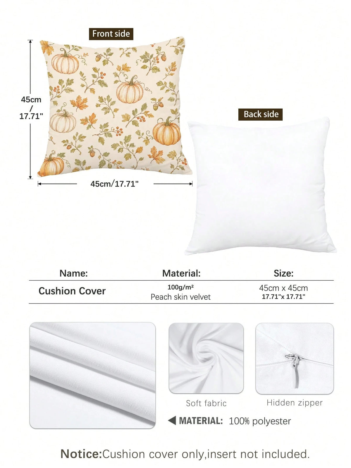 1pc Minimalist Autumn Pumpkin & Leaf Cushion Cover, Single-Sided Printed Peach Skin Velvet Polyester Material, 45*45CM/18*18inch Pillowcase Suitable For Room Decor, Modern Minimalist Sofa Living Room