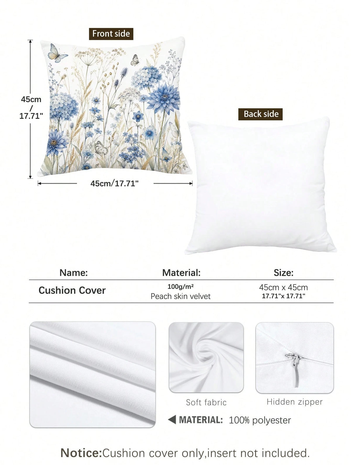 1pc Minimalist Daily Blue Plant Butterfly Hydrangea Cushion Cover, Single-Sided Printed Peach Skin Velvet Polyester Material, 45*45CM/18*18inch Pillowcase Suitable For Room Decoration, Modern Minimali