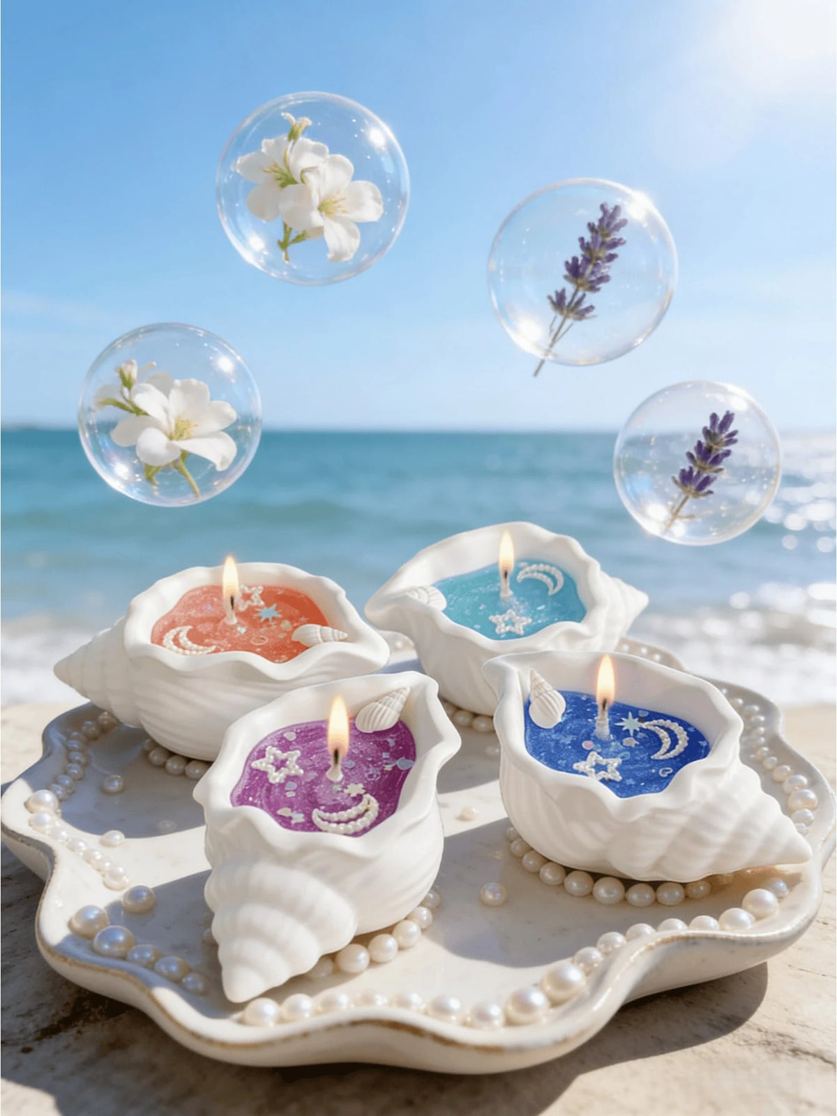 1pc Ocean Style Seashell Conch Jelly Aromatherapy Candle, Transparent Sea Blue Wax Body With Seashell, Starfish And Fine Sand Decor, Soft Candlelight And Fresh Coastal Atmosphere When Lit, Like Being