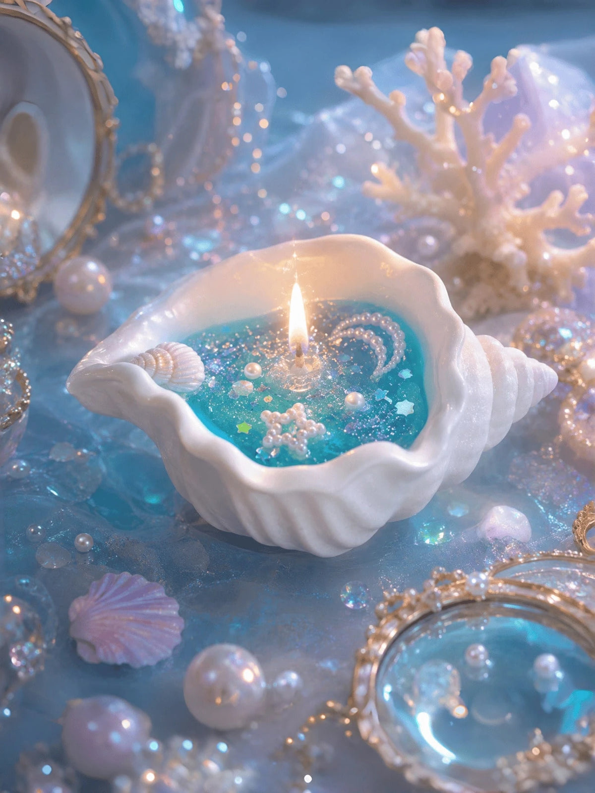 1pc Ocean Style Seashell Conch Jelly Aromatherapy Candle, Transparent Sea Blue Wax Body With Seashell, Starfish And Fine Sand Decor, Soft Candlelight And Fresh Coastal Atmosphere When Lit, Like Being