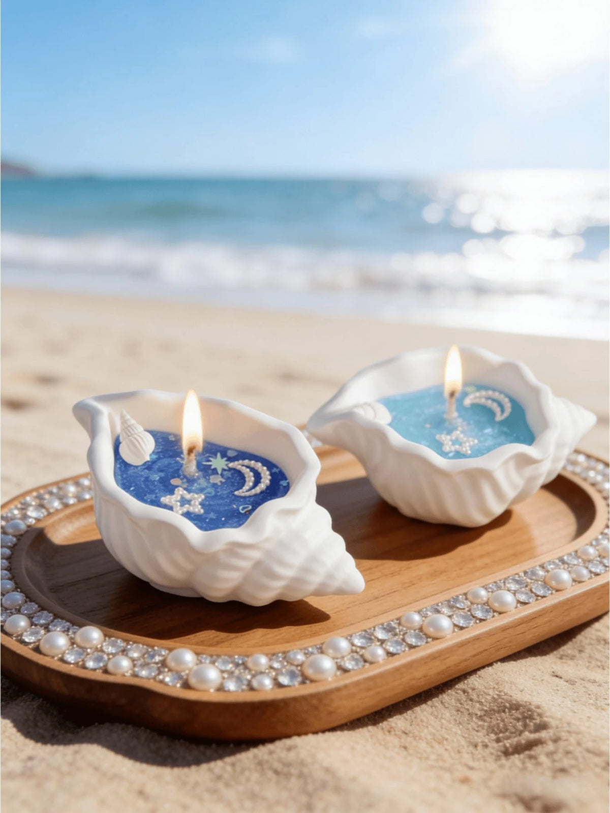 1pc Ocean Style Seashell Conch Jelly Aromatherapy Candle, Transparent Sea Blue Wax Body With Seashell, Starfish And Fine Sand Decor, Soft Candlelight And Fresh Coastal Atmosphere When Lit, Like Being