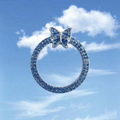1pc One-Touch Start Button Decorative Ring, Handmade Rhinestone Inlaid, Butterfly Crystal Glass Faux Diamond Ring, Pink/Royal Blue