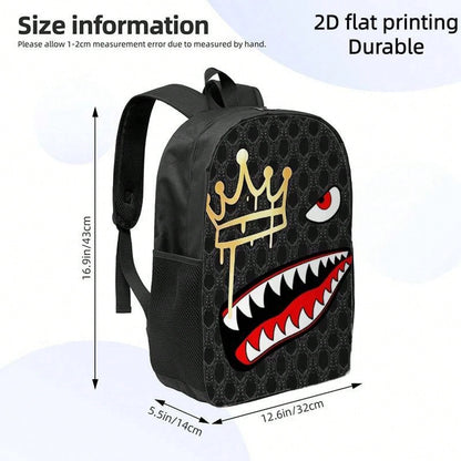 1pc Shark Tooth & Crown Print Backpack- Lightweight Large Capacity Bookbag With Adjustable Straps, Travel Bag Suitable For,, Commuting, Outdoor- Stylish Crown Accent & Shark Mouth