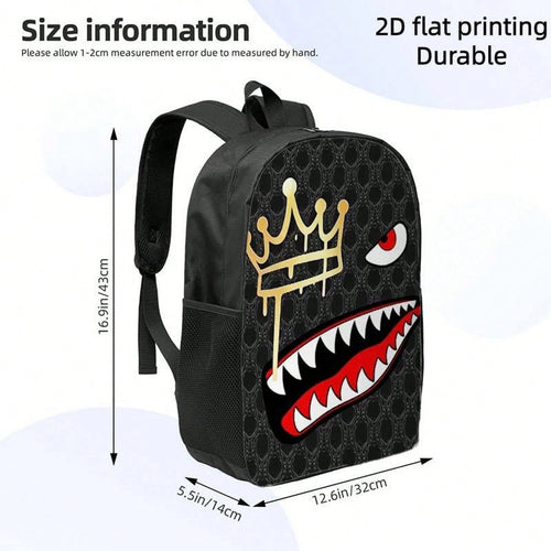 1pc Shark Tooth & Crown Print Backpack- Lightweight Large Capacity Bookbag With Adjustable Straps, Travel Bag Suitable For,, Commuting, Outdoor- Stylish Crown Accent & Shark Mouth