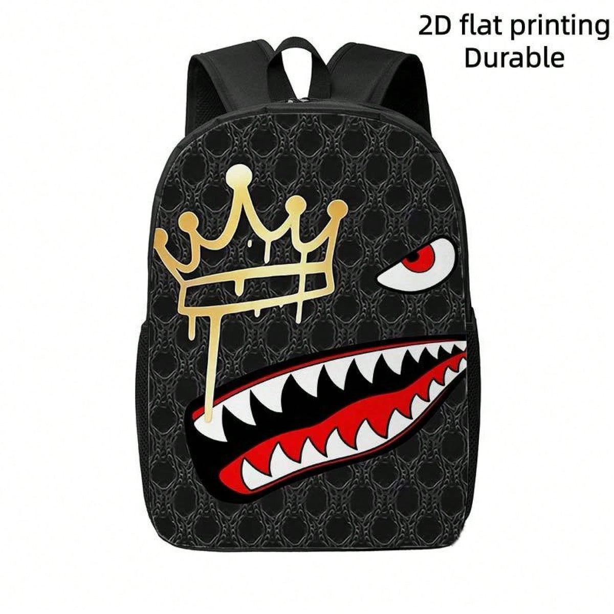 1pc Shark Tooth & Crown Print Backpack- Lightweight Large Capacity Bookbag With Adjustable Straps, Travel Bag Suitable For,, Commuting, Outdoor- Stylish Crown Accent & Shark Mouth