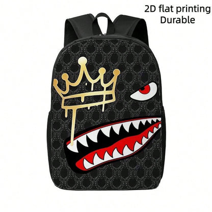 1pc Shark Tooth & Crown Print Backpack- Lightweight Large Capacity Bookbag With Adjustable Straps, Travel Bag Suitable For,, Commuting, Outdoor- Stylish Crown Accent & Shark Mouth