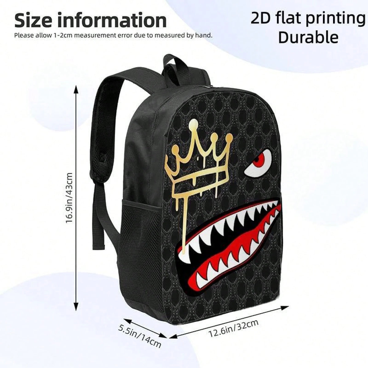 1pc Shark Tooth & Crown Print Backpack- Lightweight Large Capacity Bookbag With Adjustable Straps, Travel Bag Suitable For,, Commuting, Outdoor- Stylish Crown Accent & Shark Mouth