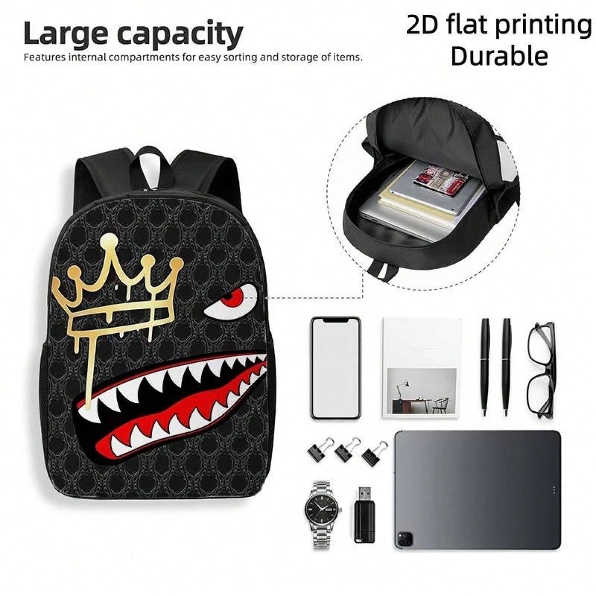 1pc Shark Tooth & Crown Print Backpack- Lightweight Large Capacity Bookbag With Adjustable Straps, Travel Bag Suitable For,, Commuting, Outdoor- Stylish Crown Accent & Shark Mouth