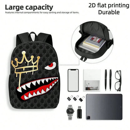 1pc Shark Tooth & Crown Print Backpack- Lightweight Large Capacity Bookbag With Adjustable Straps, Travel Bag Suitable For,, Commuting, Outdoor- Stylish Crown Accent & Shark Mouth