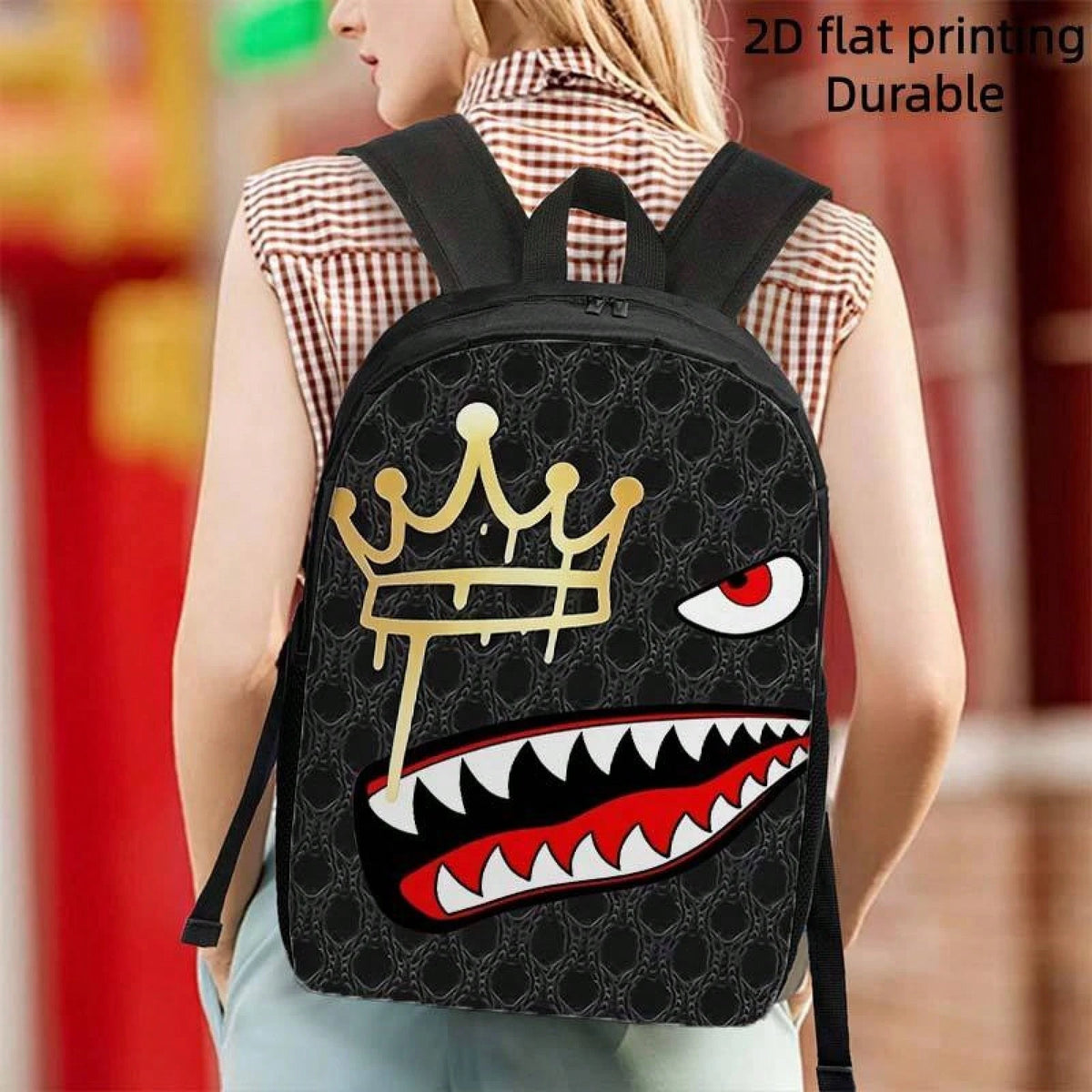 1pc Shark Tooth & Crown Print Backpack- Lightweight Large Capacity Bookbag With Adjustable Straps, Travel Bag Suitable For,, Commuting, Outdoor- Stylish Crown Accent & Shark Mouth