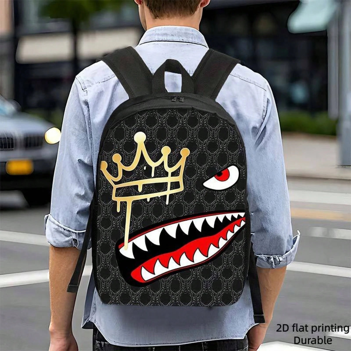 1pc Shark Tooth & Crown Print Backpack- Lightweight Large Capacity Bookbag With Adjustable Straps, Travel Bag Suitable For,, Commuting, Outdoor- Stylish Crown Accent & Shark Mouth
