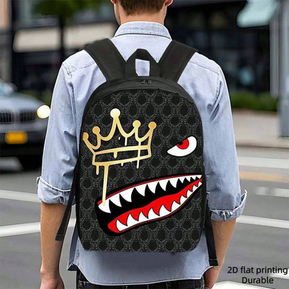 1pc Shark Tooth & Crown Print Backpack- Lightweight Large Capacity Bookbag With Adjustable Straps, Travel Bag Suitable For,, Commuting, Outdoor- Stylish Crown Accent & Shark Mouth