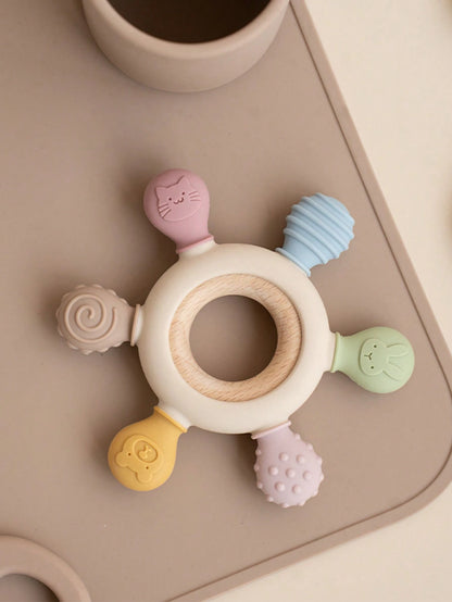 1PC Silicone Baby Teethers Rudder Shape Wooden Teether Ring Touch Training Newborn Chew Toy Children's Dental Care Teething Toys