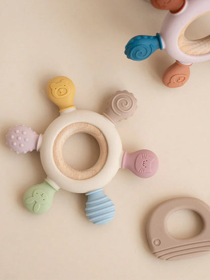 1PC Silicone Baby Teethers Rudder Shape Wooden Teether Ring Touch Training Newborn Chew Toy Children's Dental Care Teething Toys