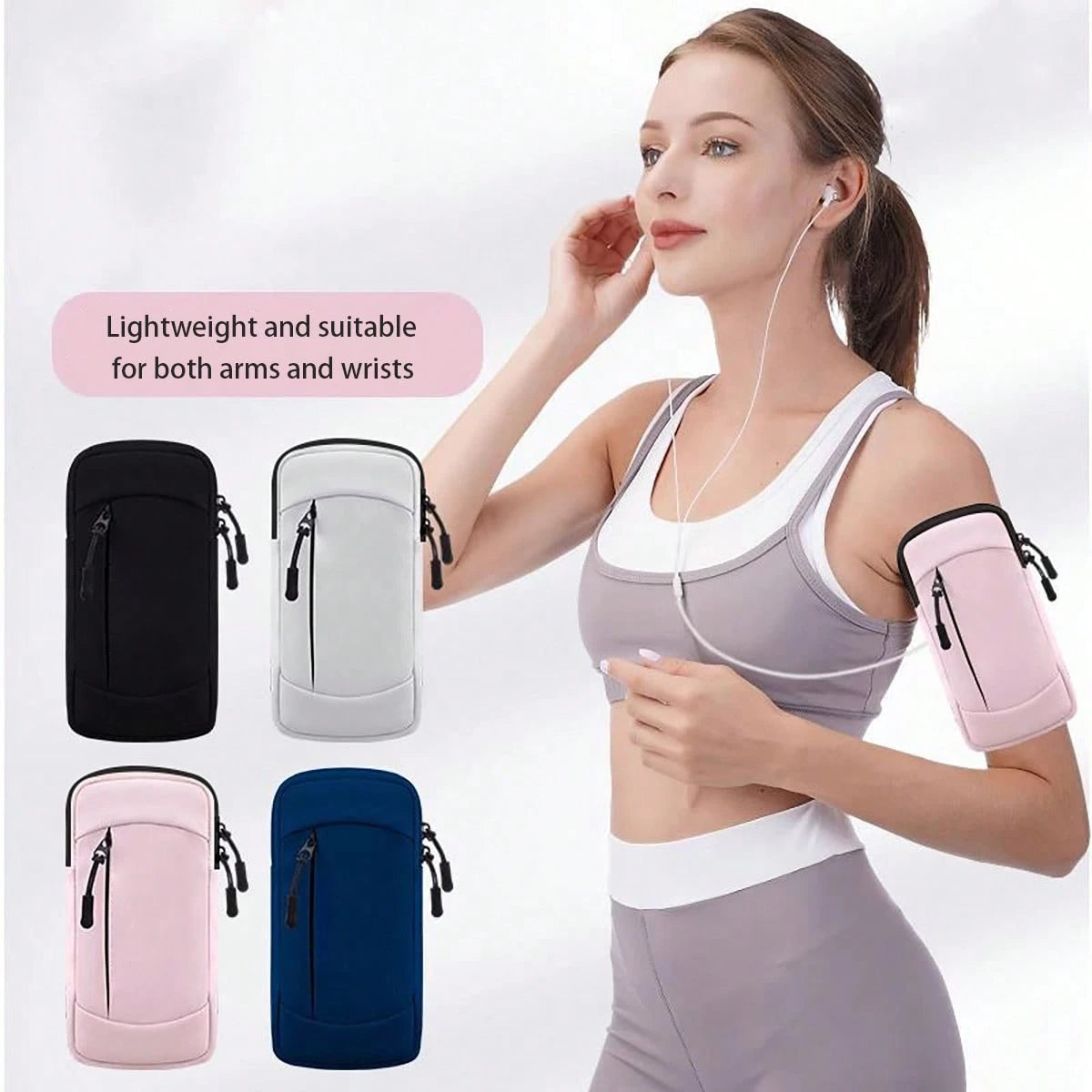 1pc Sports Waterproof Arm Bag, Solid Color Polyester Fiber, Zipper Closure, Universal, Suitable For Running, Hiking, Fitness- Adjustable Wrist Strap Phone Pouch