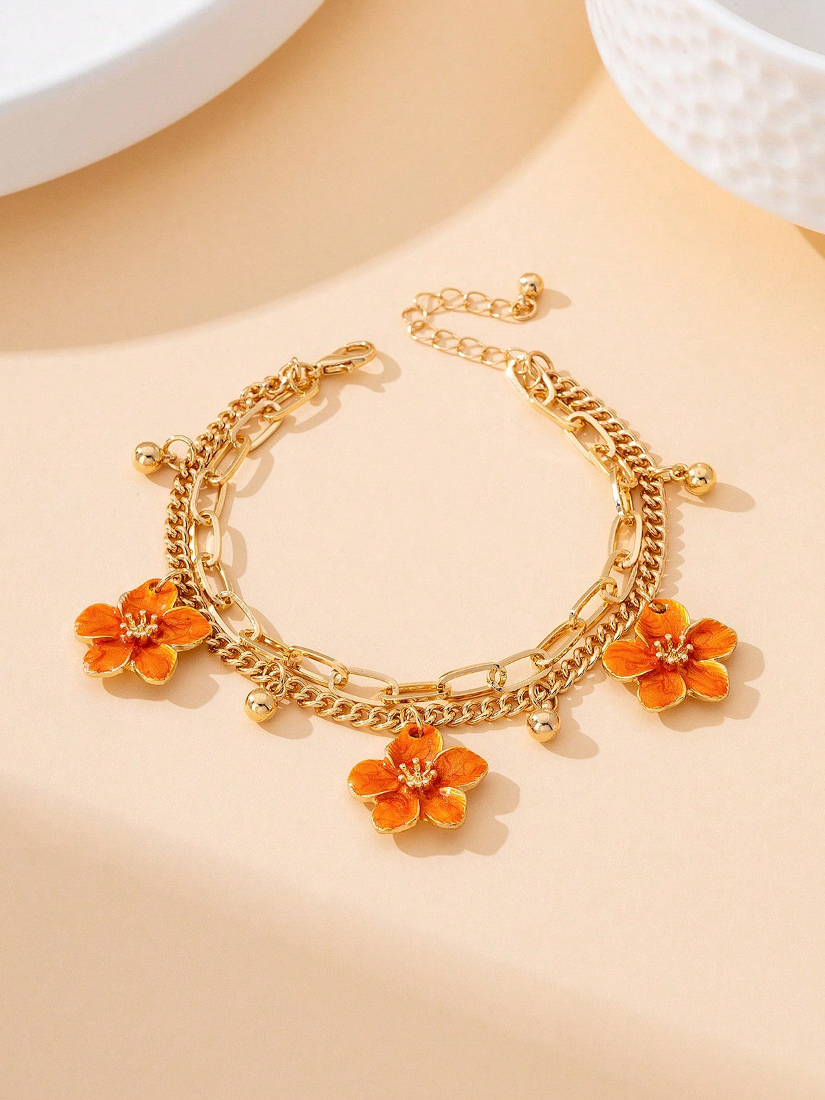 1pc Summer Vacation Style Dopamine Energetic Orange Handmade Drip Oil Delicate Small Plumeria Pendant Women Tassel Double-Layer Anklet