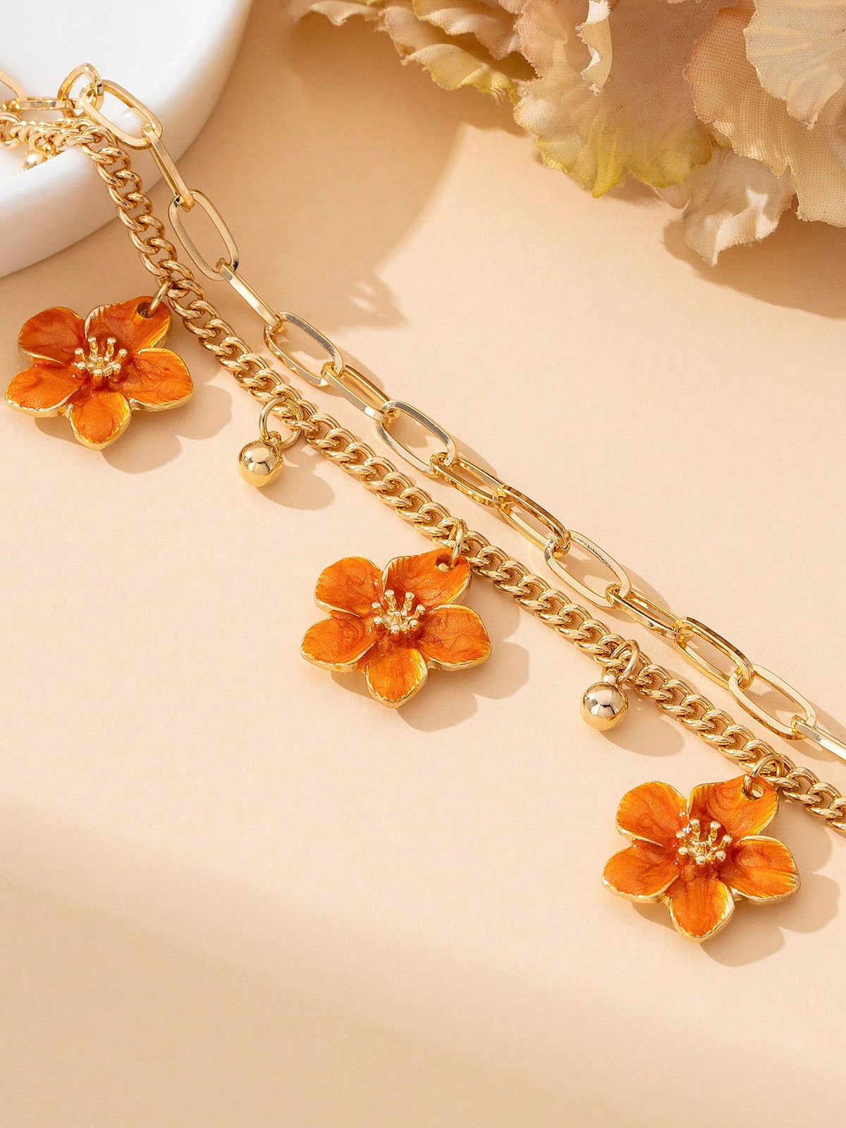 1pc Summer Vacation Style Dopamine Energetic Orange Handmade Drip Oil Delicate Small Plumeria Pendant Women Tassel Double-Layer Anklet