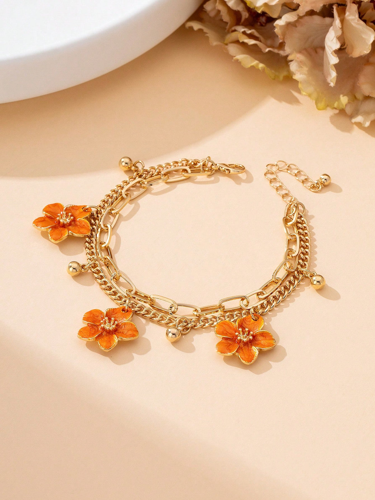 1pc Summer Vacation Style Dopamine Energetic Orange Handmade Drip Oil Delicate Small Plumeria Pendant Women Tassel Double-Layer Anklet