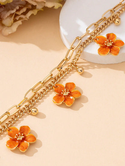 1pc Summer Vacation Style Dopamine Energetic Orange Handmade Drip Oil Delicate Small Plumeria Pendant Women Tassel Double-Layer Anklet