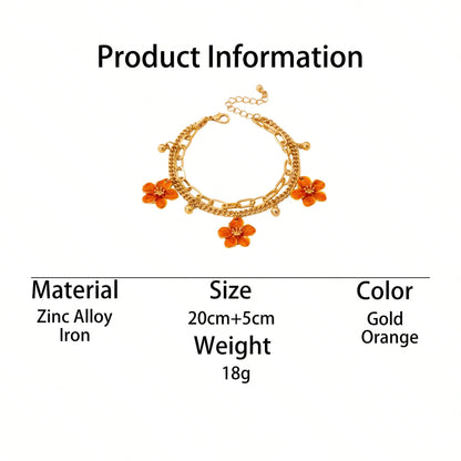 1pc Summer Vacation Style Dopamine Energetic Orange Handmade Drip Oil Delicate Small Plumeria Pendant Women Tassel Double-Layer Anklet