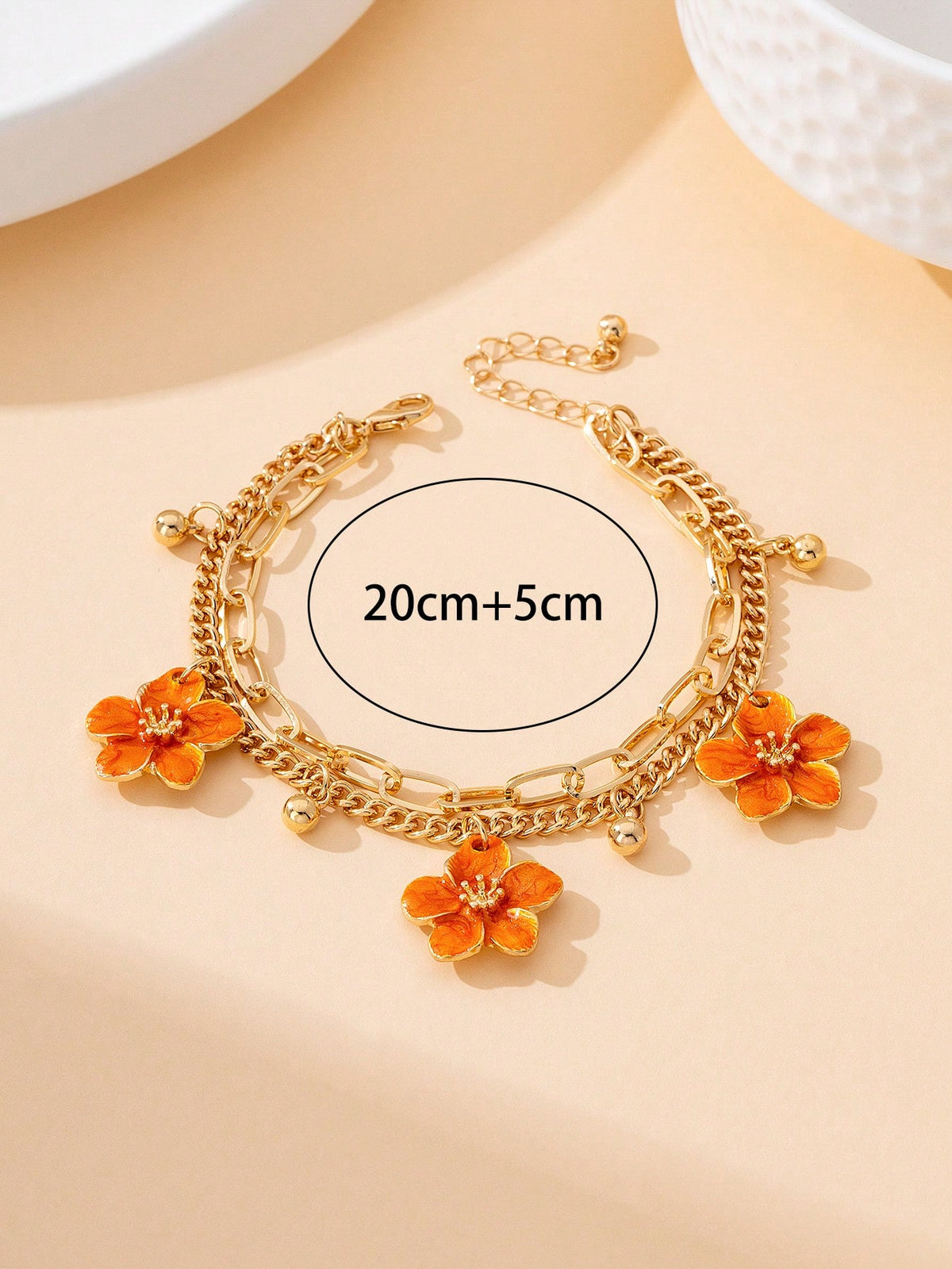 1pc Summer Vacation Style Dopamine Energetic Orange Handmade Drip Oil Delicate Small Plumeria Pendant Women Tassel Double-Layer Anklet