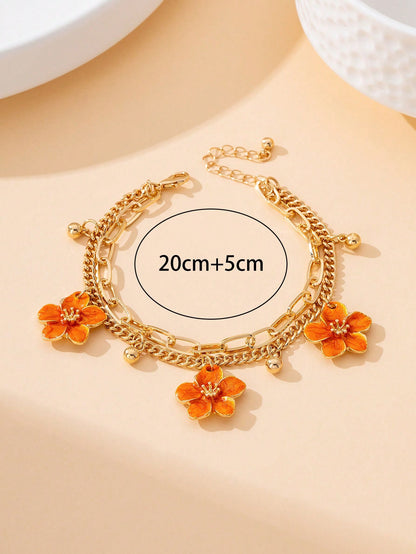 1pc Summer Vacation Style Dopamine Energetic Orange Handmade Drip Oil Delicate Small Plumeria Pendant Women Tassel Double-Layer Anklet