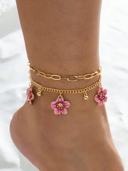 1pc Summer Vacation Style Dopamine Energetic Orange Handmade Drip Oil Delicate Small Plumeria Pendant Women Tassel Double-Layer Anklet