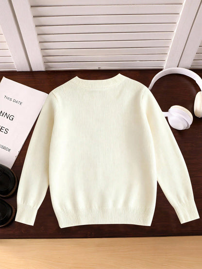 1pc Tween Girls' Cute Bear Graphic Print Sweater,Light Blue Long Sleeve Loose Knit Pullover,Autumn Holiday Back-To-School Minimalist Casual Sweater