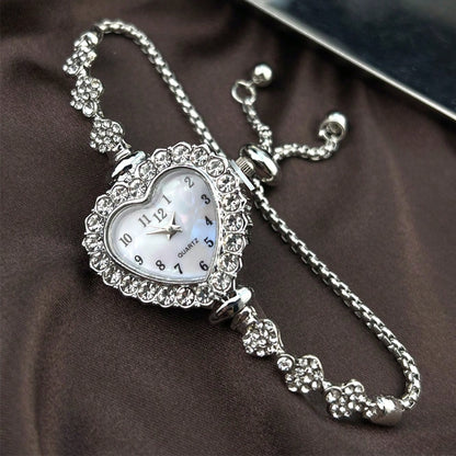 1pc Women's Heart-Shaped Rhinestone Dial Arabic Numeral Display Pull Tab Chain Fashion Convenient Quartz Watch