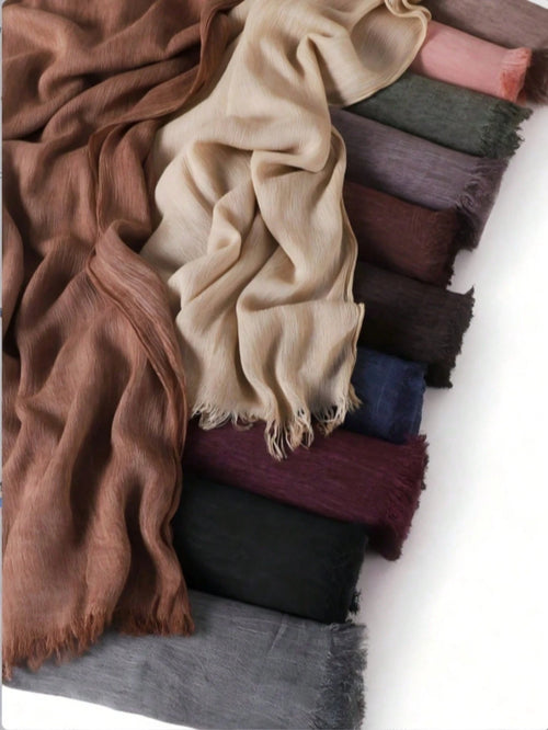 1pc Women's Solid Color Pleated Tassel Scarf, Casual Daily Headscarf Sun Protection Shawl