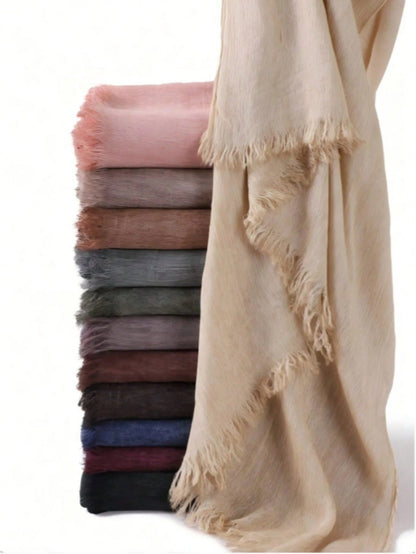 1pc Women's Solid Color Pleated Tassel Scarf, Casual Daily Headscarf Sun Protection Shawl