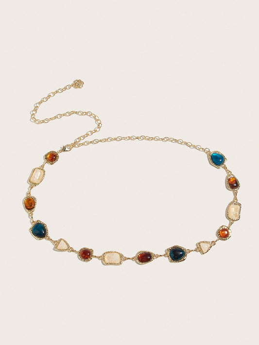 1pc Women's Waist Chain, Bohemian Style Random Asymmetrical Gemstone Inlaid Waist Chain, Gold Color Waist Chain, Blue & Brown Gemstone Textured Waist Chain, Suitable For Beach Dress, Wedding, Festival
