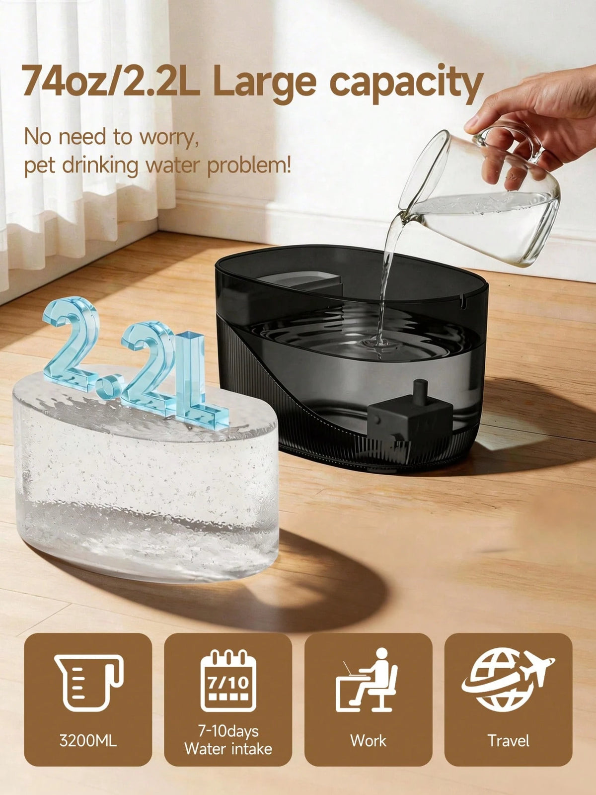 2.2L/74oz/0.58gal Automatic Cat Water Fountain, USB Powered, Multiple Water Supply Modes, Quiet Pump Anti-Dry Burning, 7-Day Healthy Drinking & 1-Day Emergency Water Reserve, Replaceable Filter