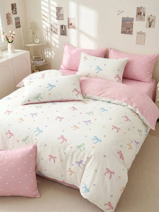 2/3pcs Bedding Set, Pink Bow Print, Duvet Cover Set, Cozy Room Decor, Skin-Friendly Breathable, Soft Anti-Pilling, Duvet Cover And Pillowcases, No Duvet Insert, Suitable For Single/Double/Queen/King B