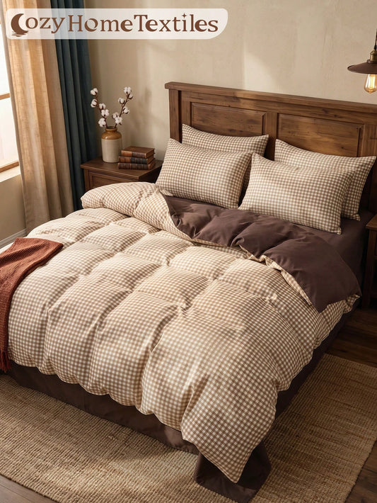 2/3pcs Brown Plaid Print Duvet Cover Set, Bedding Set, Comfortable And Breathable, Lightweight And Anti-Pilling, Machine Washable, Room Decor, Bedroom Decor, Dorm Bedding, All Season, Suitable For Twi