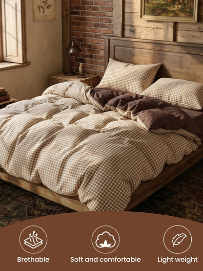 2/3pcs Brown Plaid Print Duvet Cover Set, Bedding Set, Comfortable And Breathable, Lightweight And Anti-Pilling, Machine Washable, Room Decor, Bedroom Decor, Dorm Bedding, All Season, Suitable For Twi