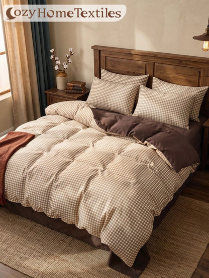 2/3pcs Brown Plaid Print Duvet Cover Set, Bedding Set, Comfortable And Breathable, Lightweight And Anti-Pilling, Machine Washable, Room Decor, Bedroom Decor, Dorm Bedding, All Season, Suitable For Twi