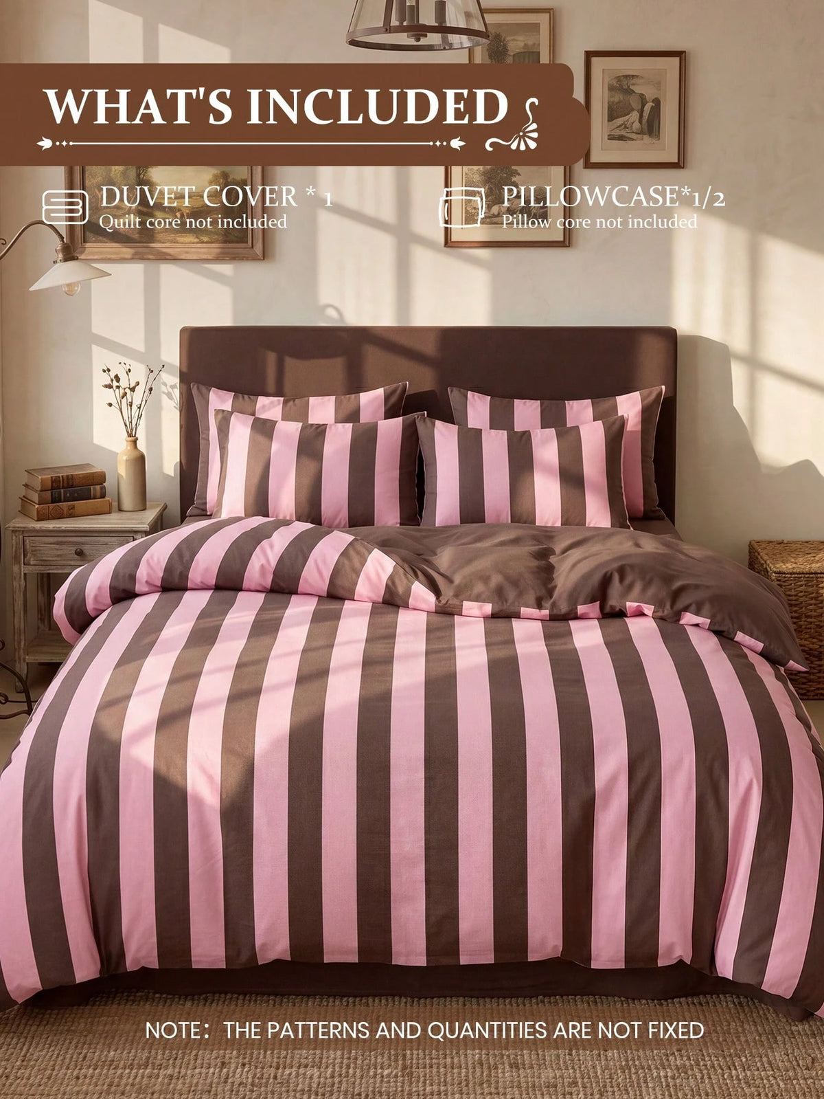 2/3pcs Pink & Brown Stripe Pattern Duvet Cover Set, Bedding Set, Cozy & Breathable, Lightweight, Anti-Pilling, Machine Washable, Room Decor, Bedroom Decor, Dorm Bedding, For All Seasons, Fits Double T