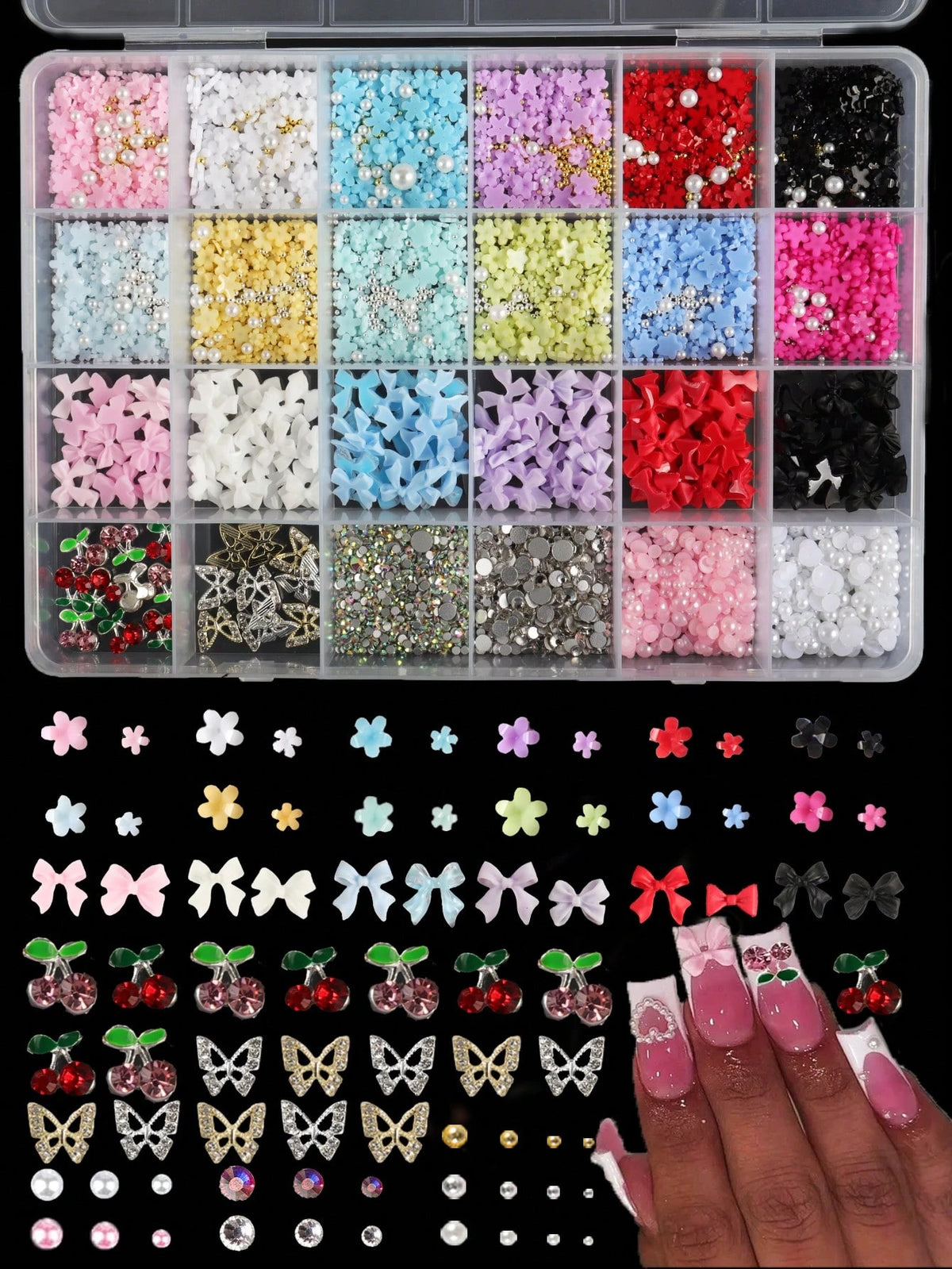 24pcs 3D Floral Nail Art Decorations, Mixed Size Colorful Flowers & Golden Beads DIY Cute Floral Nail Jewelry, Kawaii Nail Gems, Nail Accessories, Nail Jewelry, Nail Supplies. Hollow Butterfly, Cherry