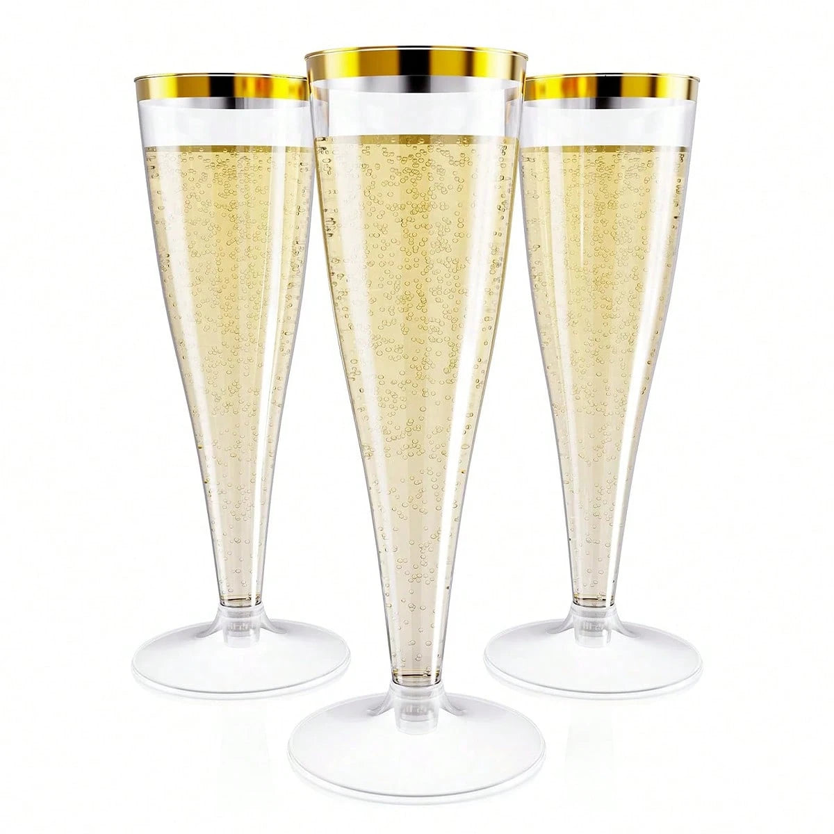25/50pcs Elegant Reusable Plastic Champagne Flutes- 4.5oz Gold Rim Wine Drinking Glasses, Durable & Stylish For Weddings, Bars, Restaurants, Parties, Thanksgiving, Christmas, Halloween, New Year Part